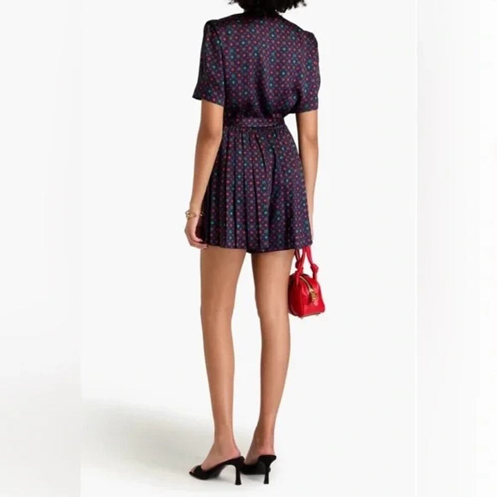 Sandro Curry Satin Romper Purple Star Print Short Sleeve Belt Pleat V Neck 38 - Picture 4 of 14